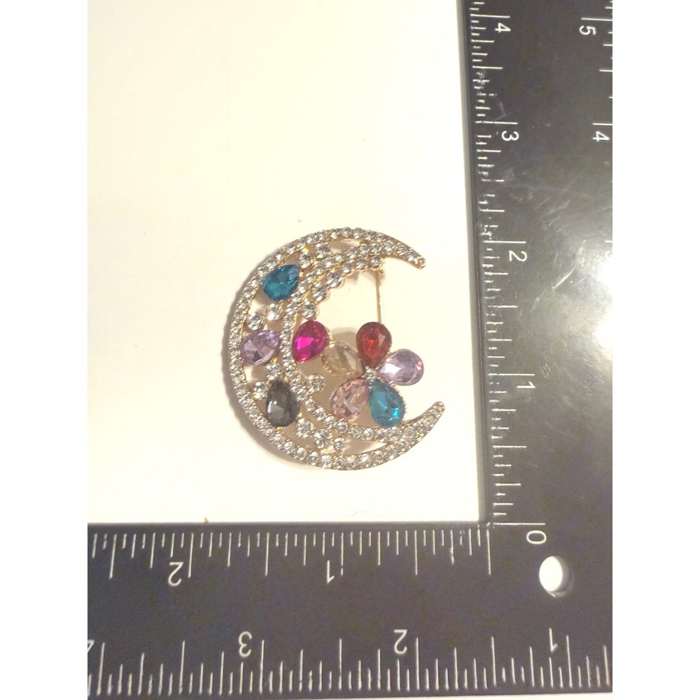 Gold Tone Crescent Moon Brooch Rhinestone Celestial Flower Pin Multicolor